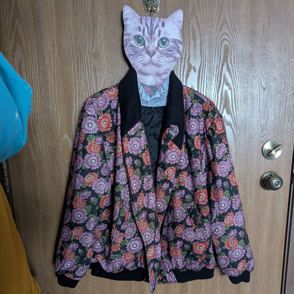 Hoover Black and Floral jacket, spring button up, bomber, fits like M/L